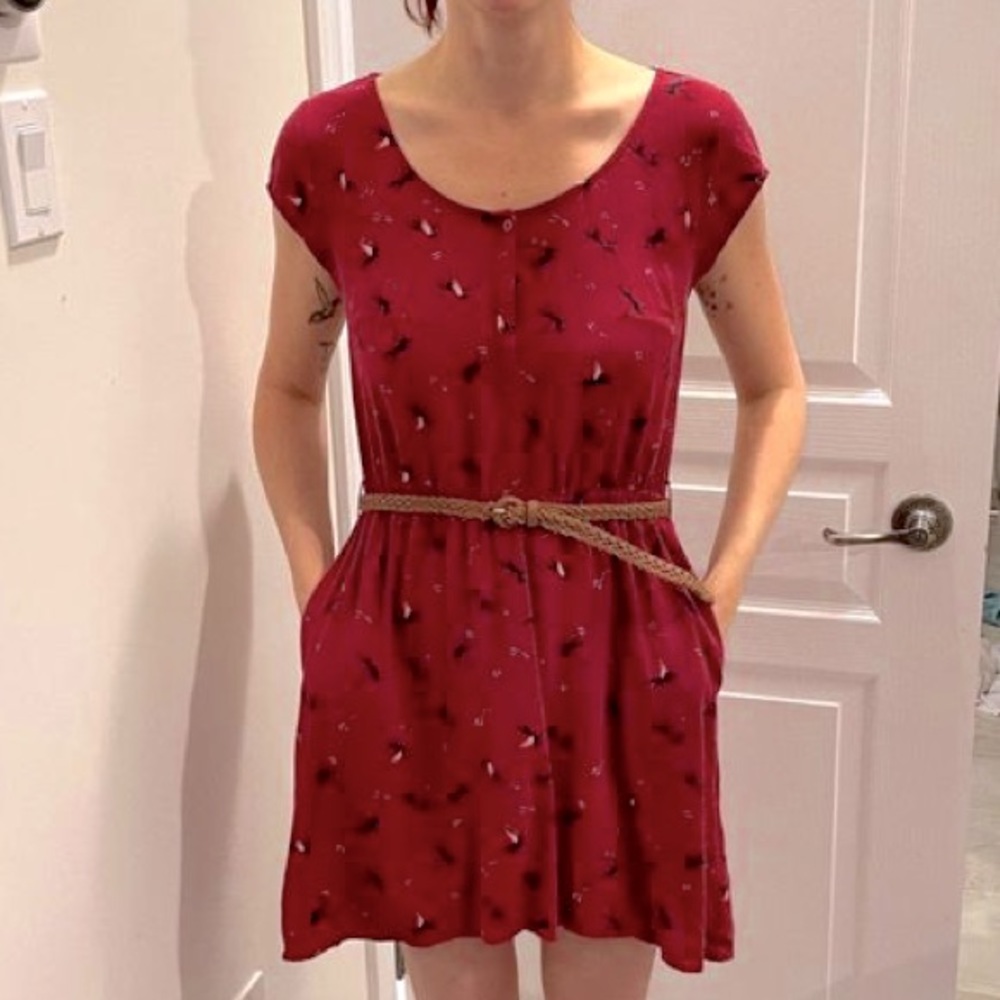 H&M Cap Sleeved Maroon Dress with Belt